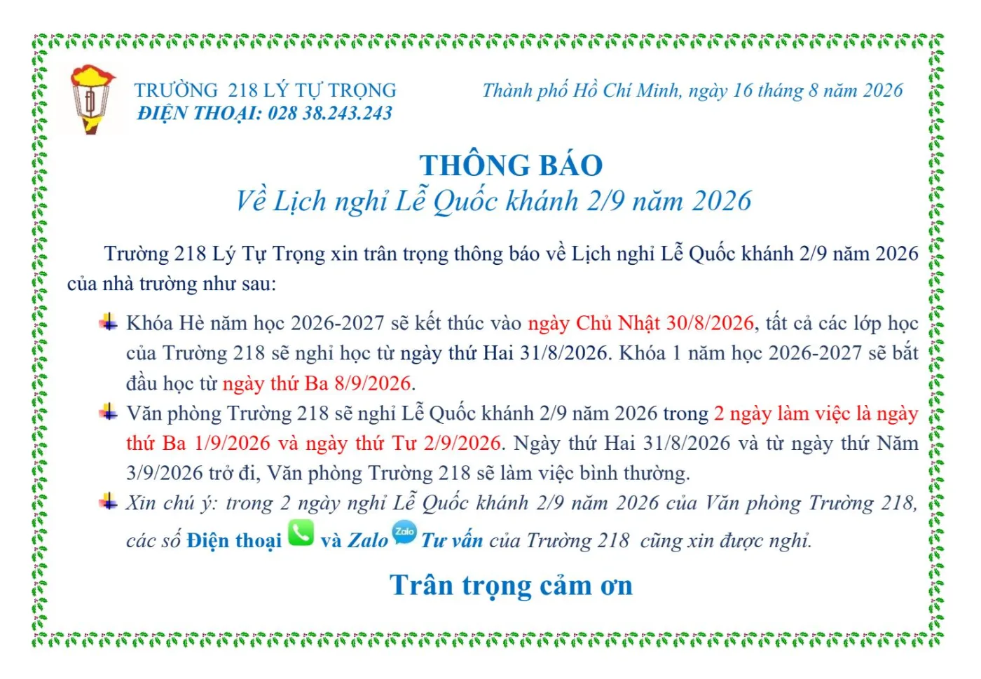 Thông báo nghỉ Lễ  Quốc Khánh 2/9 năm 2026